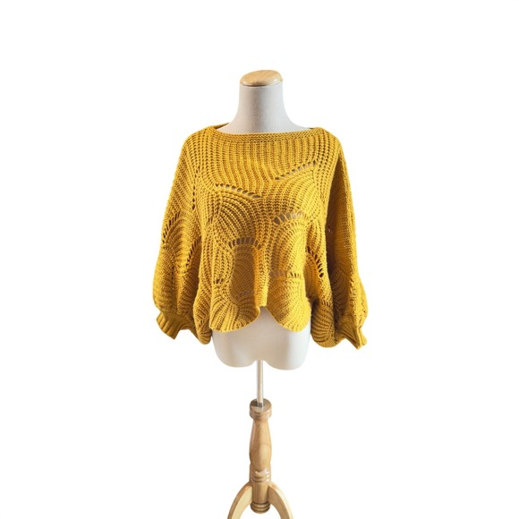 Elodie Sweaters - Elodie Mustard Yellow Chunky Knit Open Weave Batwing Sweater Size S‎